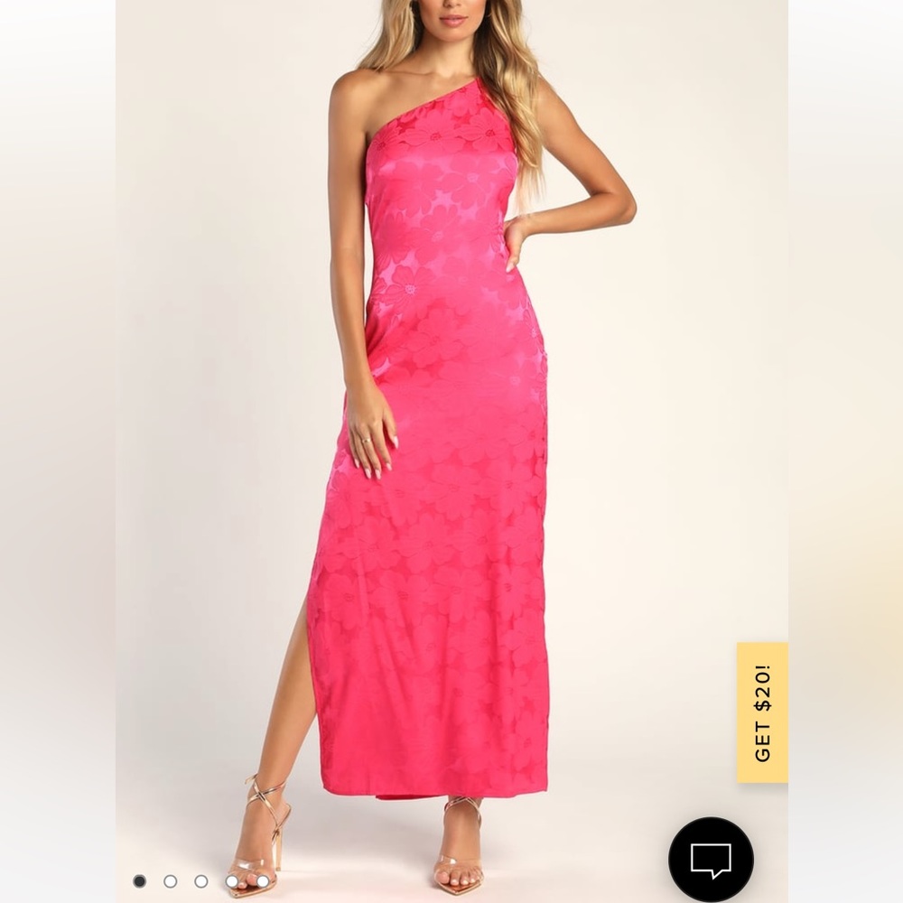 Chasing Desire Hot Pink Satin Jacquard One-Shoulder Maxi Dress